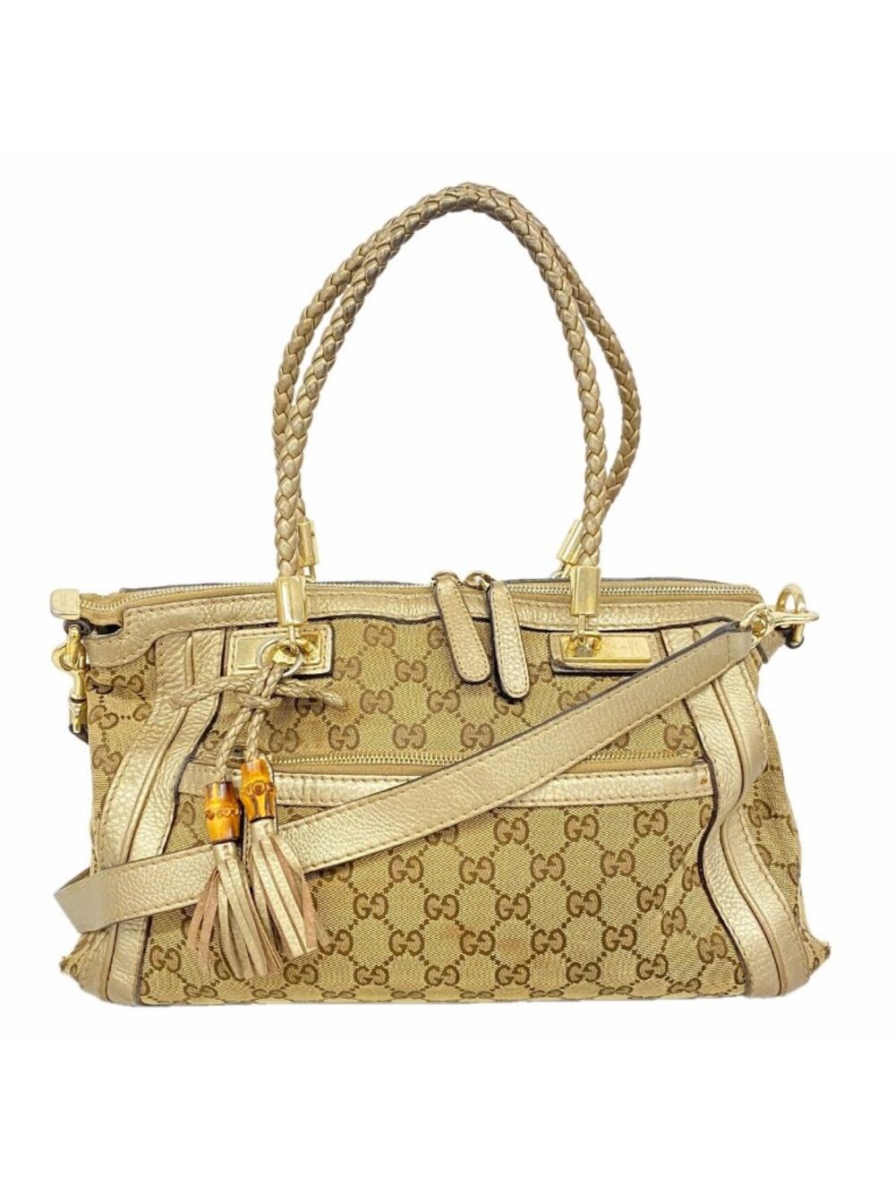 Gucci Handbag GG Canvas Bamboo Brown Gold Champagne 2-Way Bag